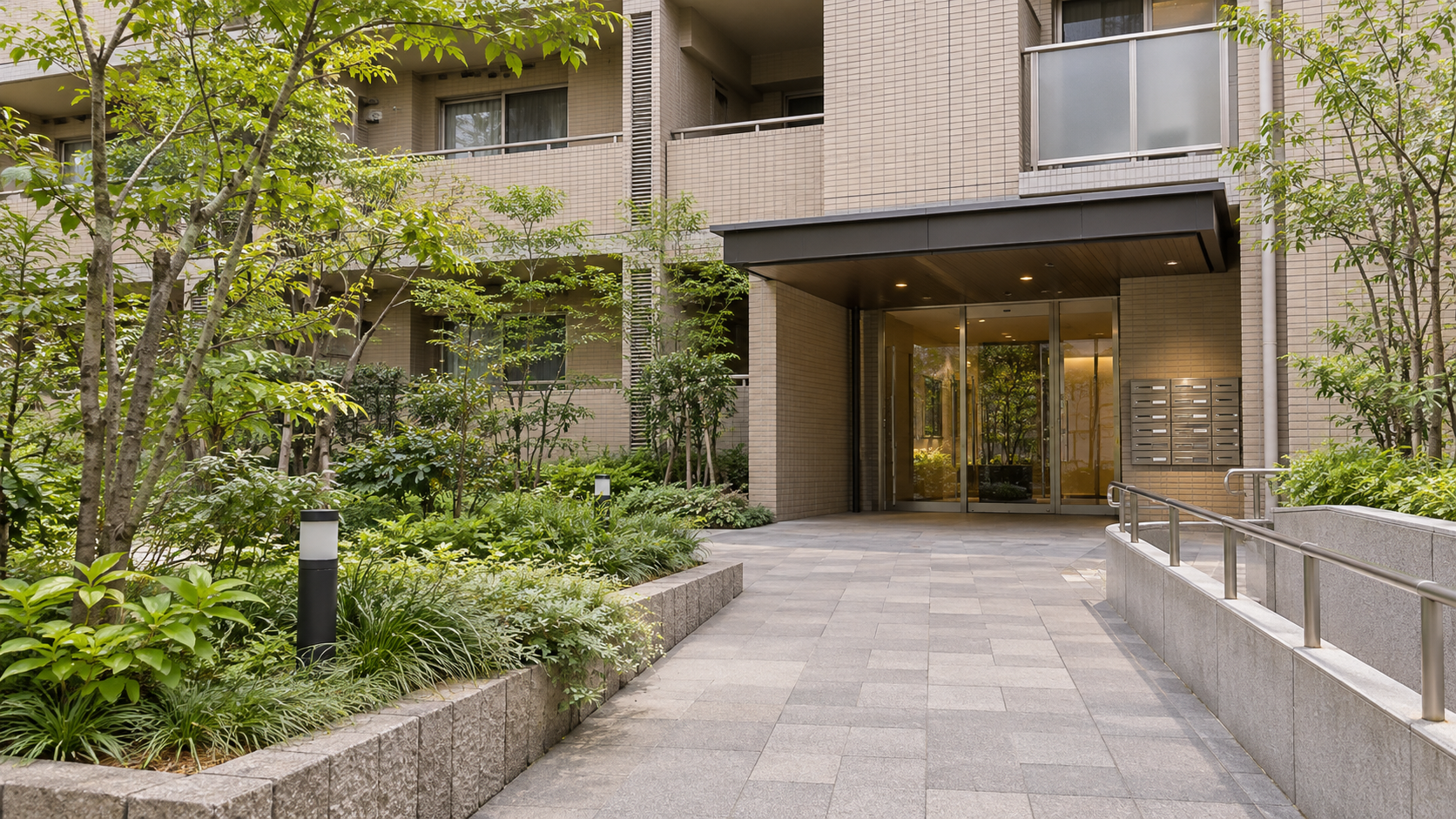 植栽のあるマンションの入口と共用通路